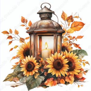 May include: A rustic lantern with a lit candle inside, surrounded by sunflowers and autumn leaves. The lantern is made of metal and has a glass pane. The sunflowers are yellow with brown centers. The leaves are orange, red, and brown.