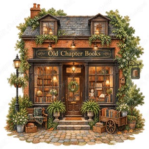 Images clipart PNG de librairies vintage, façades de librairies à l'aquarelle (téléchargement numérique)