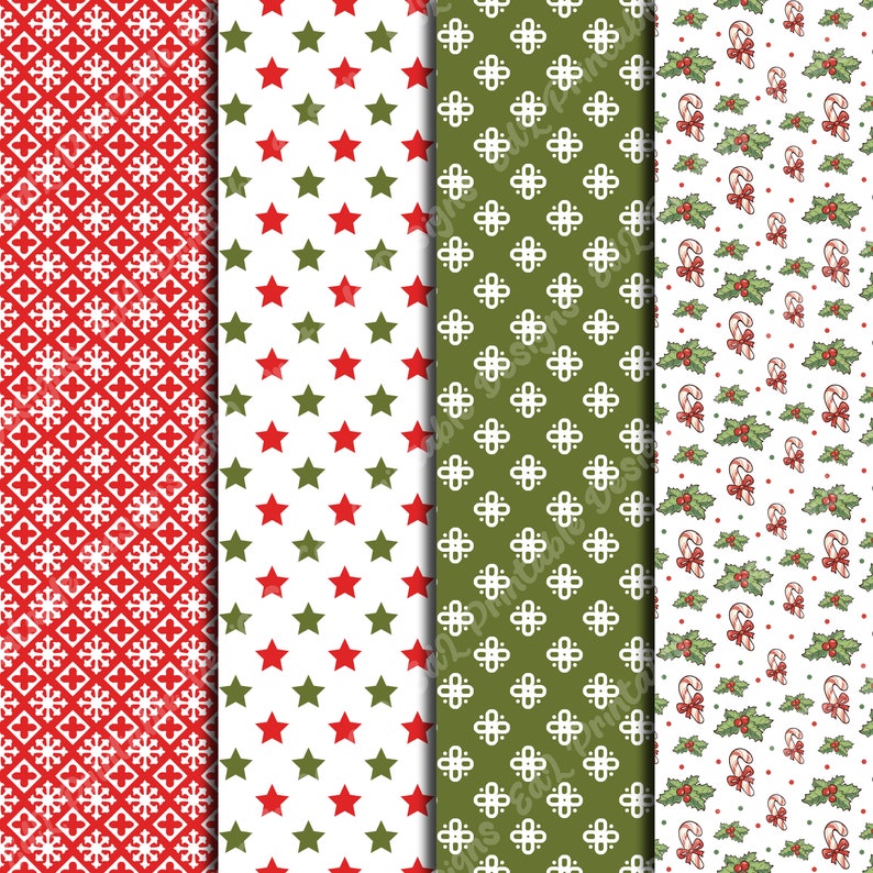 Merry Christmas Digital Papers, Xmas Printable Background, Winter Holiday Scrapbook Paper, Red and Green Paper, New Year Seamless Pattern