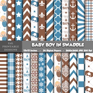 Baby Boy In Swaddle Pattern Digital Papers, Baby Shower Printable Background, Newborn Baby Scrapbook, Seamless Kids Design Nursery Set Of 24
