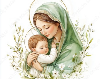 20 Virgin Mary with Baby Jesus Clip Art, Christmas Nativity Printable Images, Catholic Digital Download, Holy Scrapbooking Paper Crafts JPG