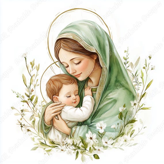 Virgin Mary and Baby Jesus Clip Art, Watercolor Nativity (Digital Download)