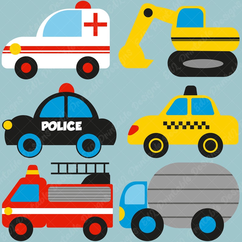 Cute Cars Clip Art, Vehicles Png, Printable Auto Party Decor, Construction Truck Elements Cliparts, Digital Cars Themed Png Graphic Pack