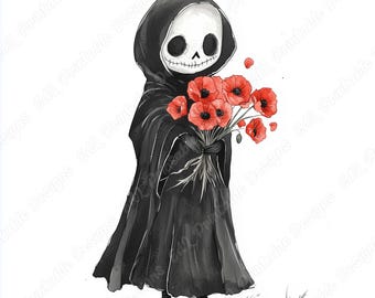 Clipart de la Parca, Halloween espeluznante con flores (JPG) (Descarga digital)