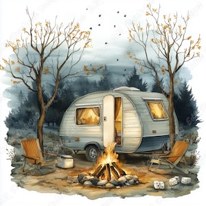 20 Caravan Camp Clip Art, Sceny z kamperami Wydrukowalne obrazy, Akwarele Przytulne Kempingowe Pobieranie Cyfrowe, Van Life Scrapbooking Papierowe Rzemiosło JPG