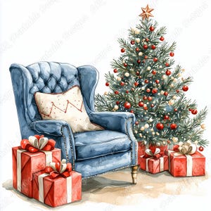 20 gemütliche Weihnachts Stuhl Clip Art, druckbare Bild Weihnachten Sessel druckbare Bild, Sofa mit Weihnachtsbaum Digital Download, Scrapbooking Papier Handwerk JPG Set