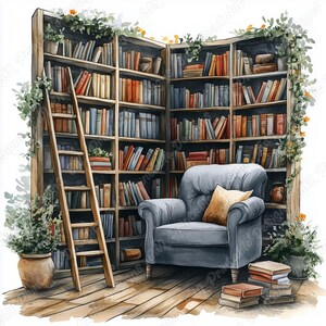 20 Cozy Reading Nook Clipart, Watercolor Bookshelf Printable Images, Book Lover Digital Download, Library Scene Scrapbooking Paper Craft JPG