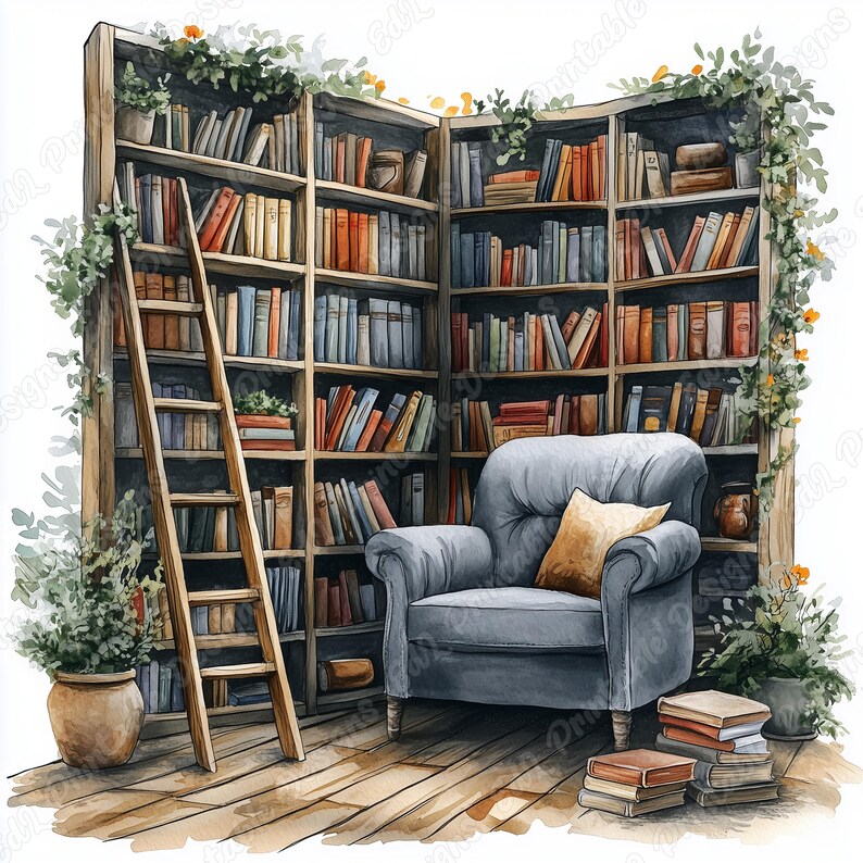 20 Cozy Reading Nook Clipart, Watercolor Bookshelf Printable Images, Book Lover Digital Download, Library Scene Scrapbooking Paper Craft JPG