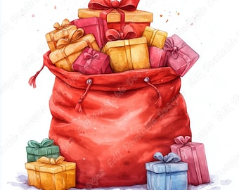 Watercolor Santa Sack Clip Art, Christmas Gift Bag Designs (JPG Digital Download)