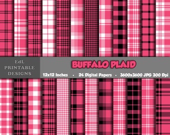Pink Buffalo Plaid Digital Papers, Tartan, Flannel, Gingham, Scottish, Lumberjack Patterns (Digital Download)