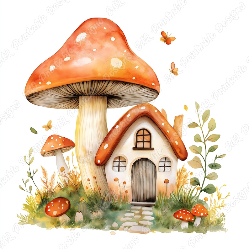 Watercolor Mushroom House Clipart, Fairy Tale Art (JPG Set) - Etsy