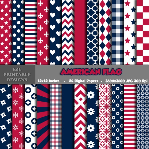 American Flag Digital Paper, 4th of July Printable Background, Independence Day Scrapbook Papers, 12x12 Paper, Seamless Pattern Set Of 24