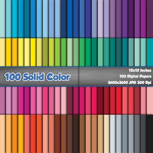 100 Solid Color Digital Paper Pack, Rainbow Colours Printable Background, Plain Scrapbook, 12x12 Papers, Seamless Solid Colorful Set Of 100