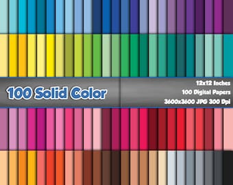 100 Solid Color Digital Paper Pack, Rainbow Colours Printable Background, Plain Scrapbook, 12x12 Papers, Seamless Solid Colorful Set Of 100