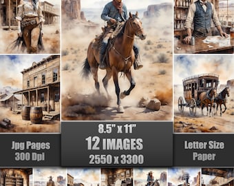 Watercolor Wild West Junk Journal Pages, Shabby Chic Ephemera (Digital Download)
