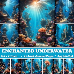 Papel de diário de lixo subaquático encantado, página para impressão sob o mar, folha de itens efêmeros do mundo subaquático, arte de parede de fundo de cena subaquática