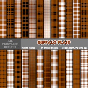 Könnte beinhalten: Ein Set mit 24 digitalen Papieren mit Buffalo-Karomustern in verschiedenen Farben, darunter Braun, Schwarz und Weiß. Die Papiere sind 3600x3600 Pixel groß und haben 300 DPI. Sie eignen sich perfekt für Bastel- und Designprojekte.
