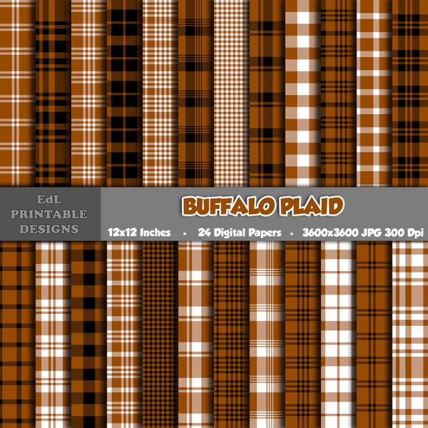 Brown Buffalo Plaid Digital Paper Pack, Printable Background Papers, Lumberjack Scrapbook Papers, 12x12 Tartan, Seamless Gingham Set Of 24