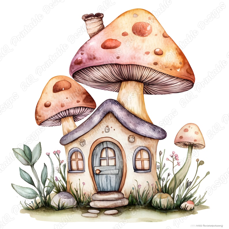 Watercolor Mushroom House Clipart, Fairy Tale Art (JPG Set) - Etsy