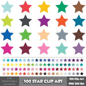 100 effen kleur ster illustraties, scrapbooking planner png, regenboog sterrenhemel clipart, feestdecor met ster, Starburst png-set, afdrukbare download