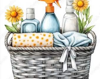 Watercolor Cleaning Supplies Clipart, Housekeeping JPG Bundle, Home Chores Images (Digital Download)