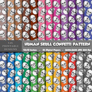 May include: A set of 24 digital papers featuring a repeating pattern of white human skulls on a variety of colourful backgrounds. The papers are 12x12 inches and 3600x3600 pixels, with a resolution of 300 dpi.