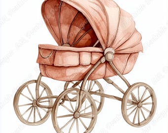 Watercolor Vintage Baby Stroller Clip Art, Carriage Scrapbooking Paper (Digital Download)