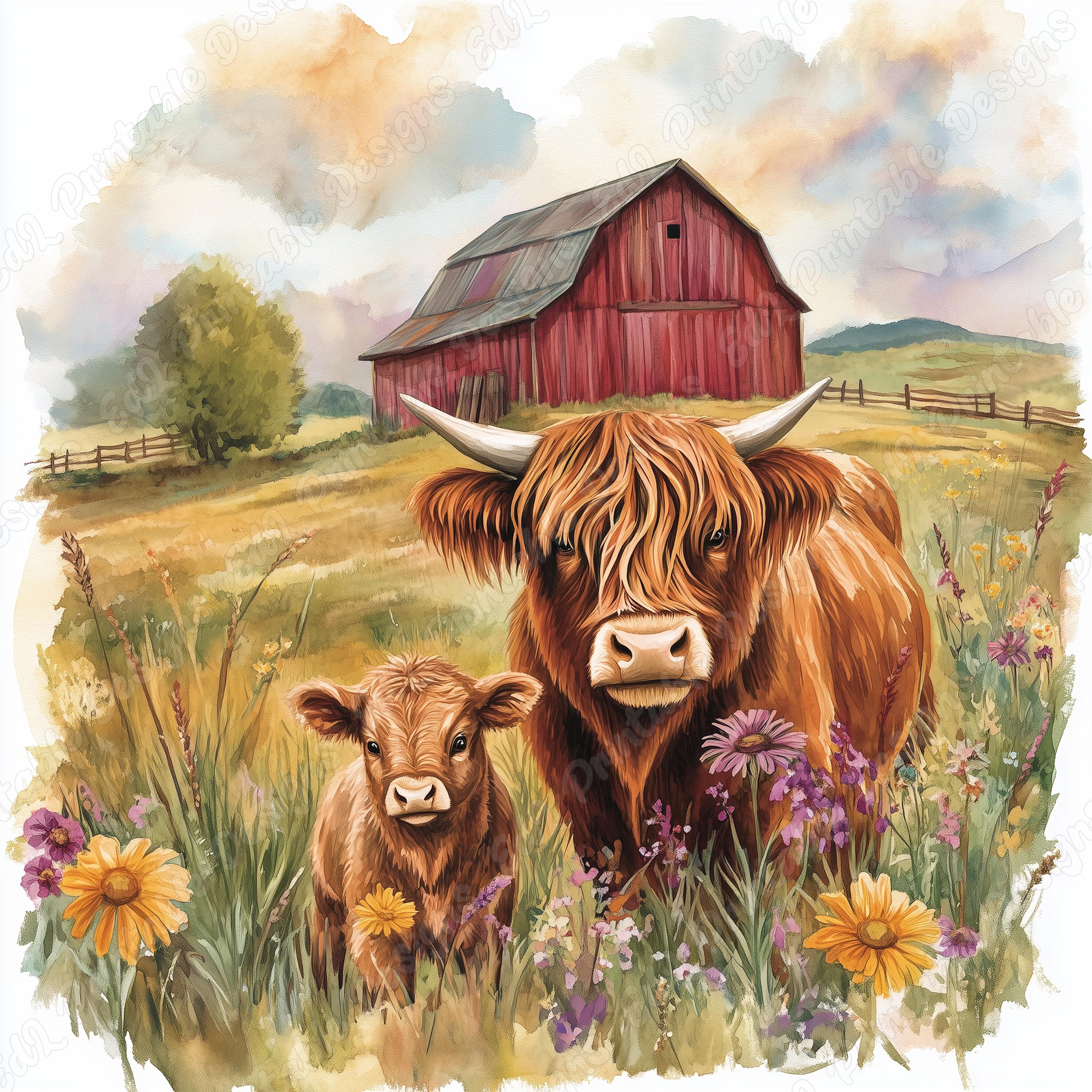 20 Highland Cow Farm Clip Art, Watercolor Calf Printable Image, Farm Animal Digital Download, Baby Highland Cow Scrapbooking Paper Craft JPG