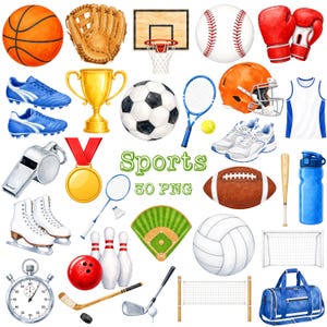 Può includere: Una collezione di illustrazioni di attrezzature sportive che include un pallone da basket, guantone da baseball, canestro, palla da baseball, guantoni da boxe, pallone da calcio, racchetta, casco, maglia, fischietto, medaglia, trofeo, scarpe con tacchetti, scarpe da ginnastica, palla da football, mazza, borraccia, pattini da ghiaccio, volano, birilli, boccia, campo, pallavolo, rete, cronometro, bastone da hockey, mazza da golf e borsone con il testo Sports 30 PNG.