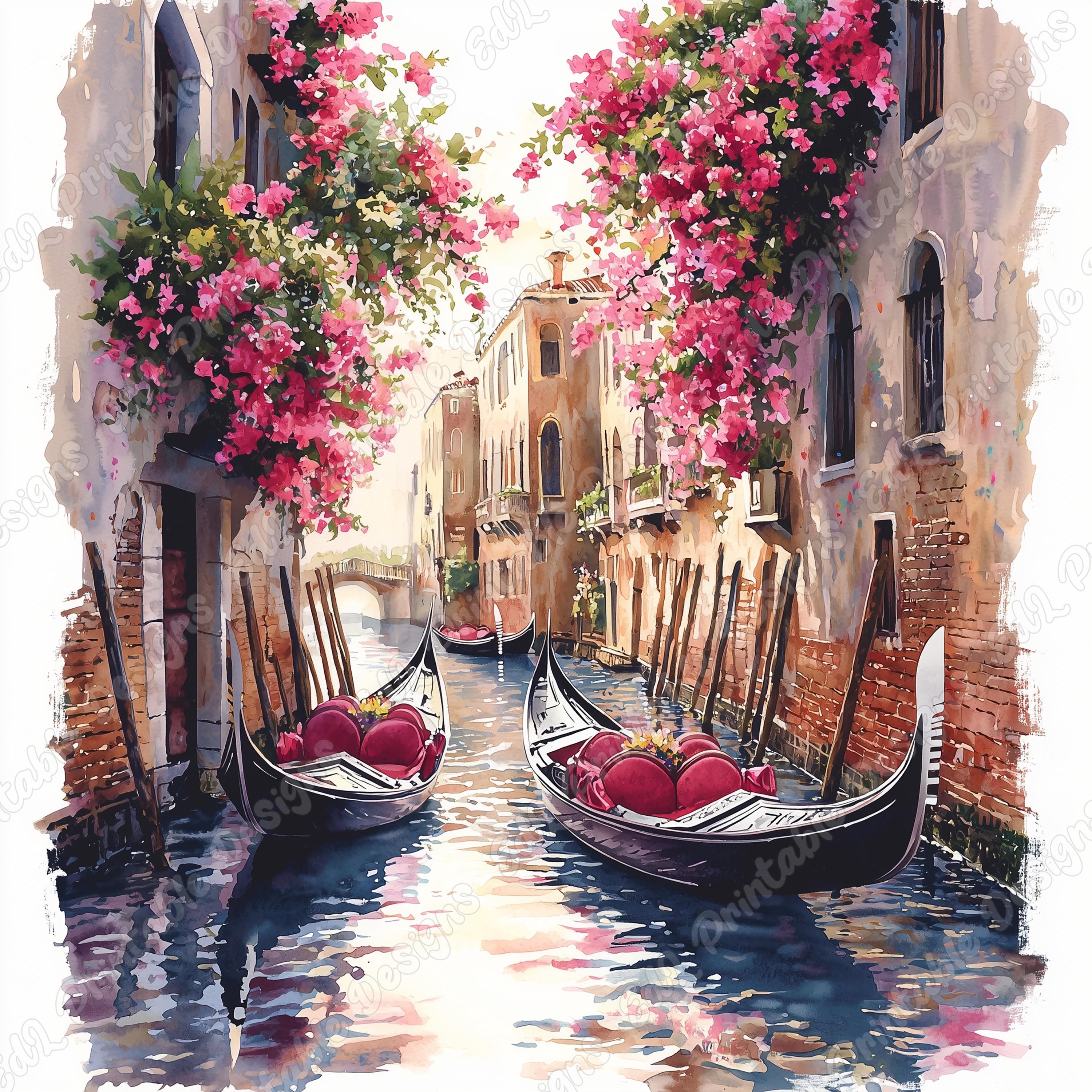ヴェネツィアのゴンドラの水彩画クリップアート、ロマンチックな運河の