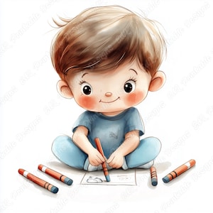 Puede incluir: Ilustración en acuarela de un niño pequeño con cabello castaño y mejillas rosadas, vestido de azul, sentado con las piernas cruzadas y dibujando con crayones. Varios crayones están esparcidos alrededor del niño y hay un dibujo en progreso.