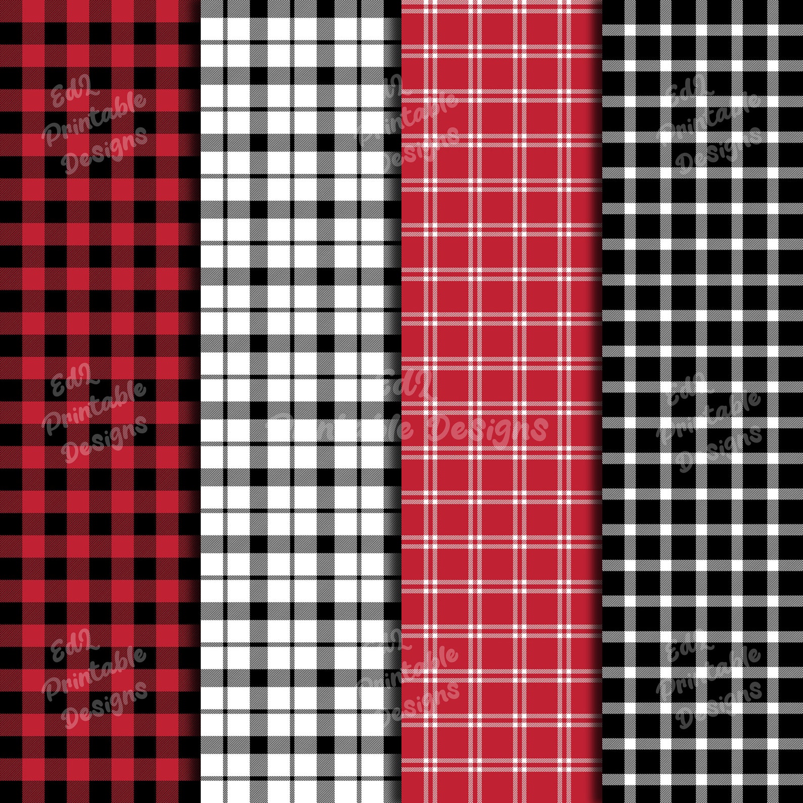 Red and Black White Buffalo Plaid Digital Paper, Printable Tartan