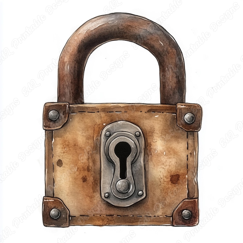 Watercolor Padlock Clip Art, Vintage Lock Printable, Scrapbook Paper ...