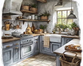 Vintage Kitchen Clip Art, Shabby Chic Watercolor Images (JPG Bundle)