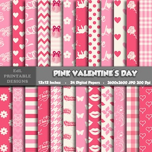 Valentines Day Digital Paper, Love Printable Background, Romantic Scrapbook Papers, 12x12 Heart Paper, Seamless Pink Color Pattern Set Of 24
