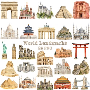 May include: A collection of watercolour illustrations featuring world landmarks including the Arc de Triomphe, Taj Mahal, Colosseum, Pyramids, and Great Wall. The text World Landmarks 29 PNG is centred in the middle of the various architectural structures.