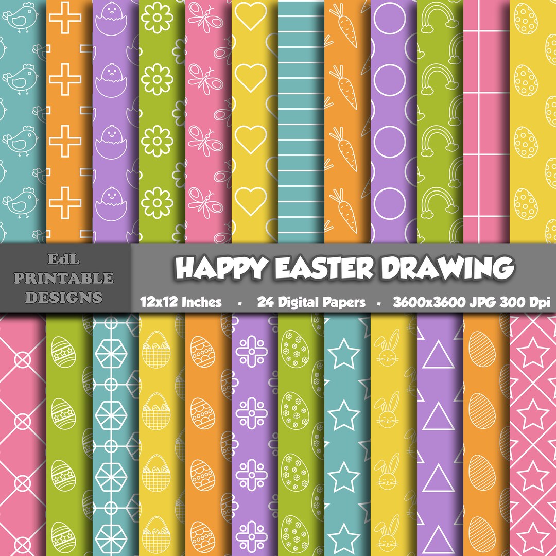 Happy Easter Drawing Pattern Digital Paper, Cute Easter Egg Printable ...