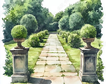 Regency Park Clip Art, Watercolor Garden Landscape (Digital Download)