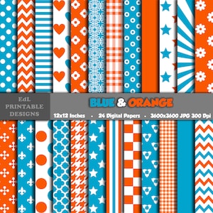 Blue And Orange Colors Digital Paper, Blue and Orange Printable Background, Scrapbook Papers, Birthdays Party Seamless Pattern Set Of 24