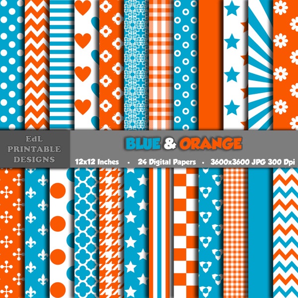 Blue And Orange Colors Digital Paper, Blue and Orange Printable Background, Scrapbook Papers, Birthdays Party Seamless Pattern Set Of 24