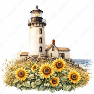 Floral Lighthouse Clipart, Watercolor Coastal Beacon, Nautical Garden Landscape Images (Digital Download)