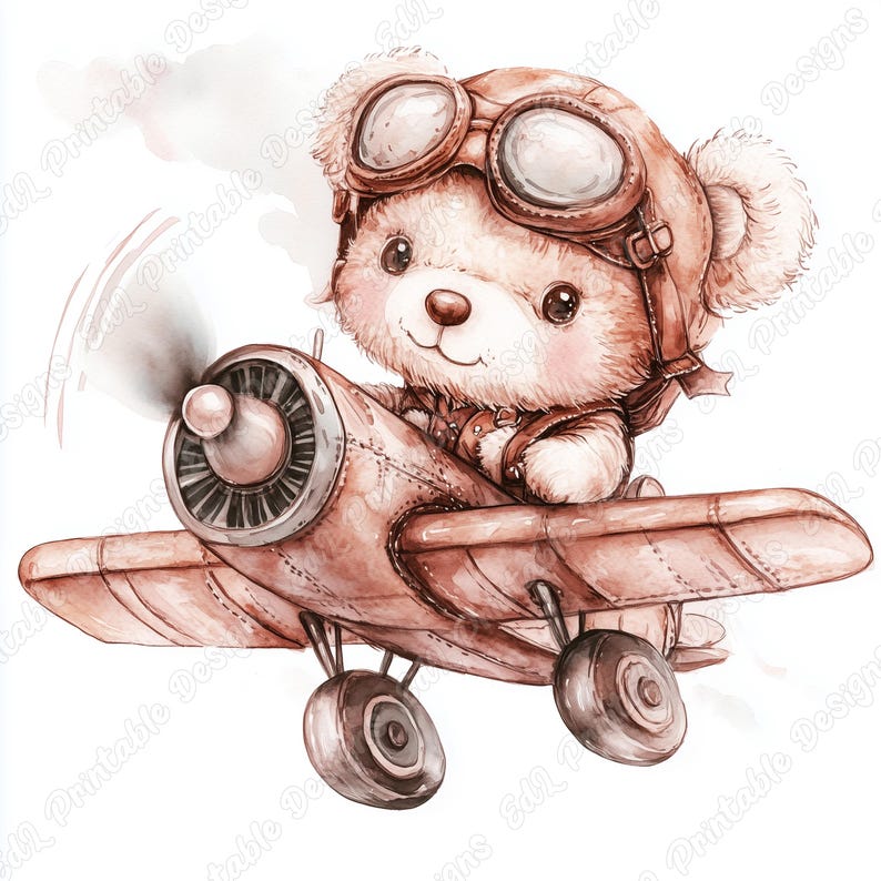 20 Pilot Teddy Bear Clip Art, Watercolor Aviator Bear Printable Image, Digital Download, Baby Boy And Girl Scrapbooking Paper Crafts JPG Set