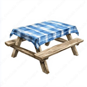 Op de afbeelding: Een houten picknicktafel met een blauw-wit geruit tafelkleed. De tafel heeft twee banken en is gemaakt van natuurlijk hout.