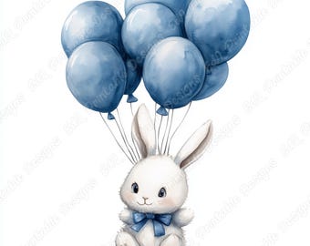 Clip art de conejito de acuarela con globos, decoración para guardería y baby shower (descarga digital)