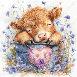 20 Valentines Day Highland Cow Clip Art, Highland Calf Printable Images, Baby Farm Animal Digital Download, Scrapbooking Paper Craft JPG Set