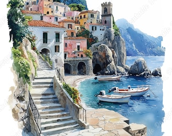 May include: Watercolor painting of a coastal Italian village with colorful buildings, a stone staircase, and small boats in the blue sea. A rocky cliff and a tower are also visible in the background. The image has a serene and picturesque quality.