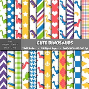 Cute Dinosaurs Digital Paper, Jurassic Printable Background, Baby Dino Scrapbook, 12x12 Animal Nursery Papers, Seamless Pattern Set Of 24