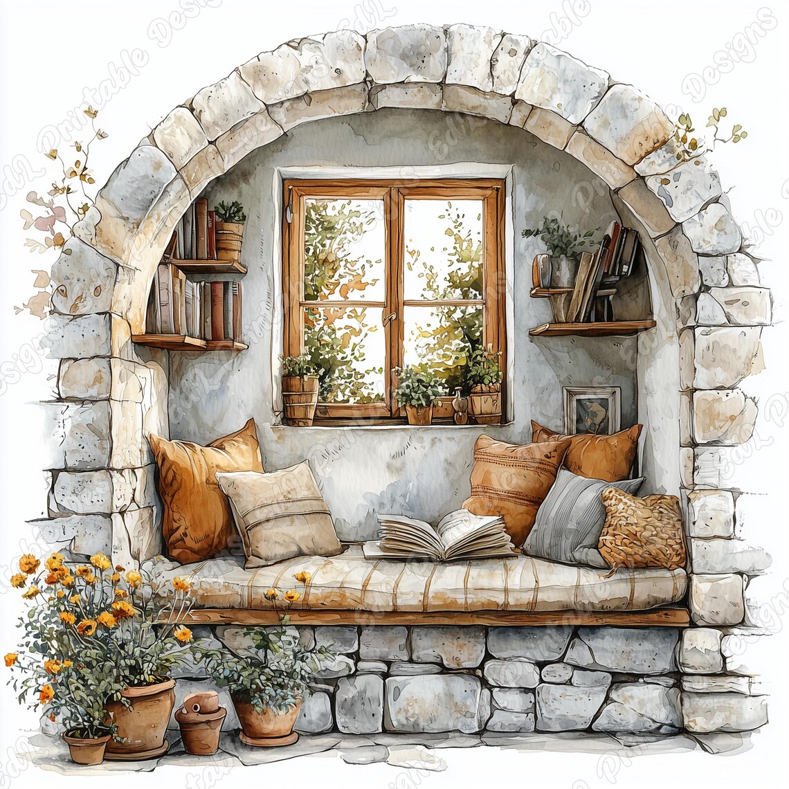 Watercolor Reading Nook Clip Art, Book Lover Scene (JPG Digital ...