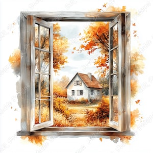 Puede incluir: Pintura a la acuarela de una ventana abierta que enmarca un sereno paisaje otoñal. Una casa blanca con tejado rojo se encuentra en un campo de follaje dorado. La ventana es de madera y la escena está llena de colores cálidos.