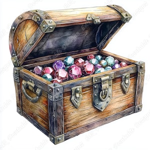 May include: A wooden treasure chest with a hinged lid is open, revealing a collection of colorful gemstones. The chest has metal accents and a lock.